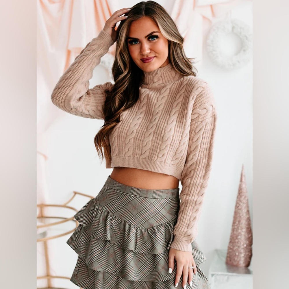 THESE THREE BOUTIQUE Cable Knit Cropped Sweater - Almond